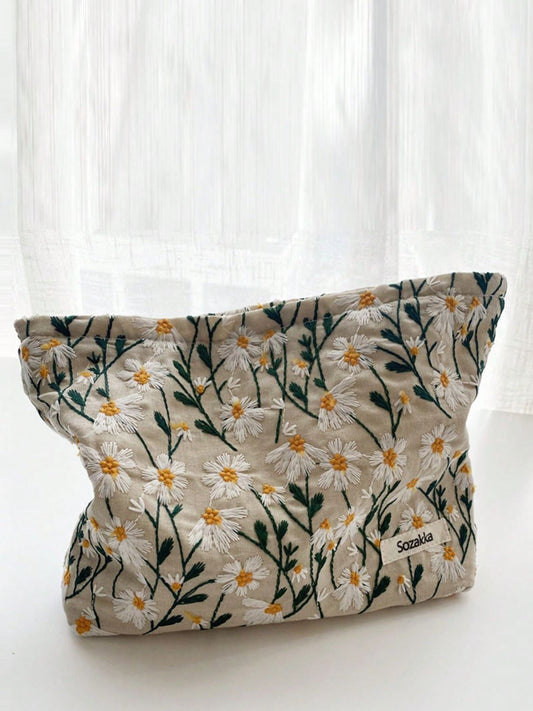 Daisy Embroidered Cosmetic Pouch