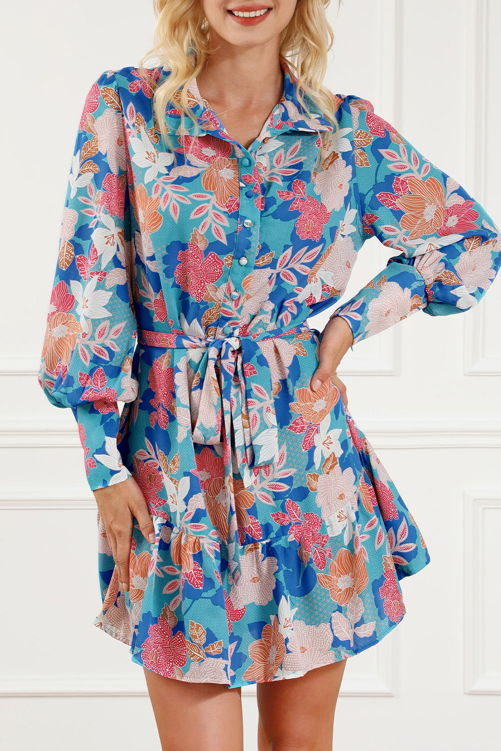 Floral Tie Waist Lantern Sleeve Mini Dress