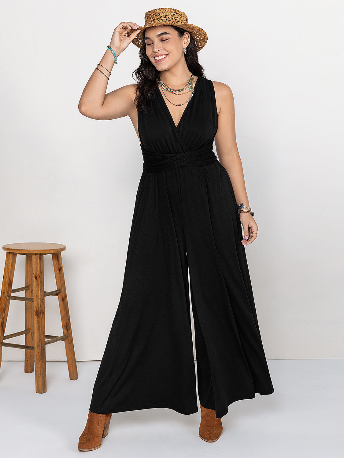 Plus Size V-Neck Wide Leg Jumpsuit