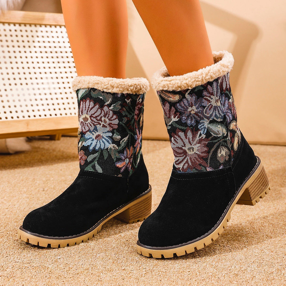 Flowers Thick Cotton Boots