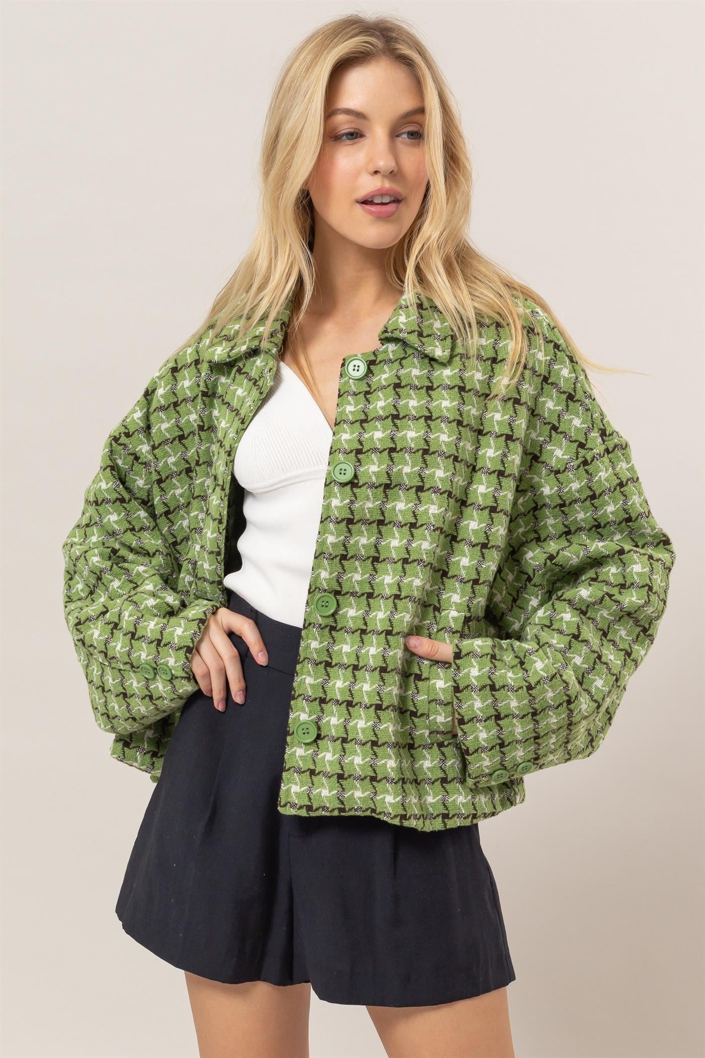 Tweed Plaid Button Up Collared Neck Jacket