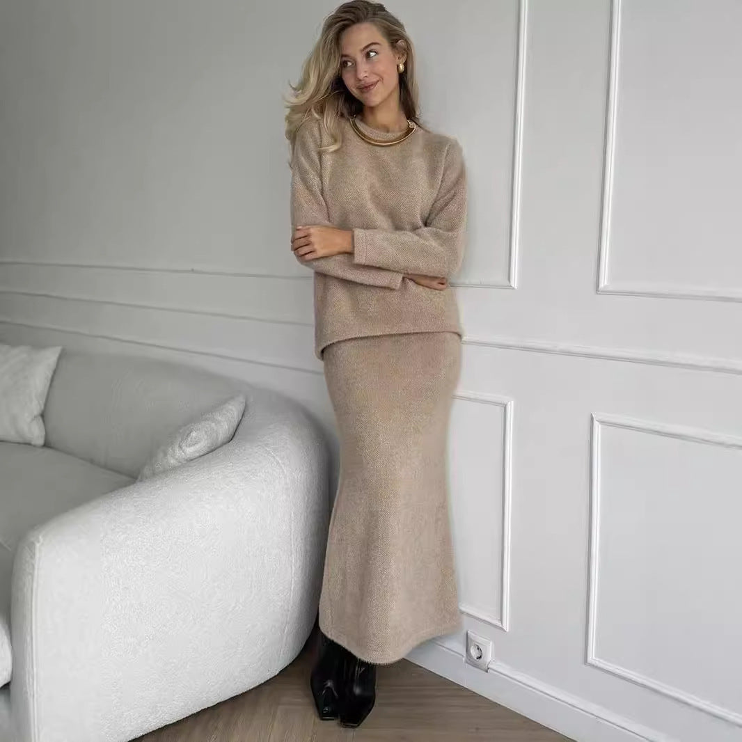 Elegant Soft Thickened Round Neck Sweater Fishtail Skirt Two-piece Set