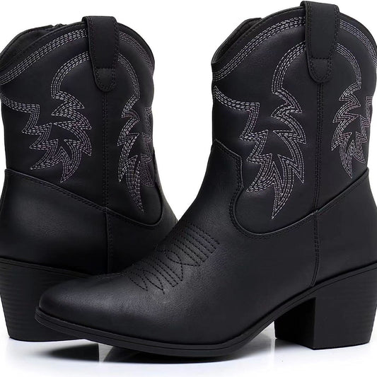 Chunky Heel Side Zip Western Boots