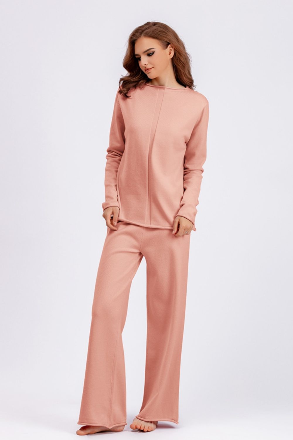 Basic Bae Rolled Round Neck Top and Pants Sweater Set