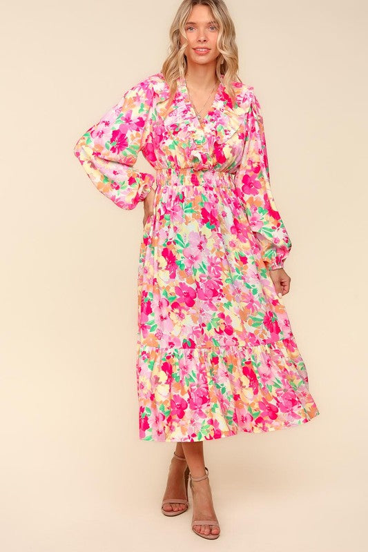 Haptics Full Size Floral Surplice Balloon Sleeve Dress with Side Pockets