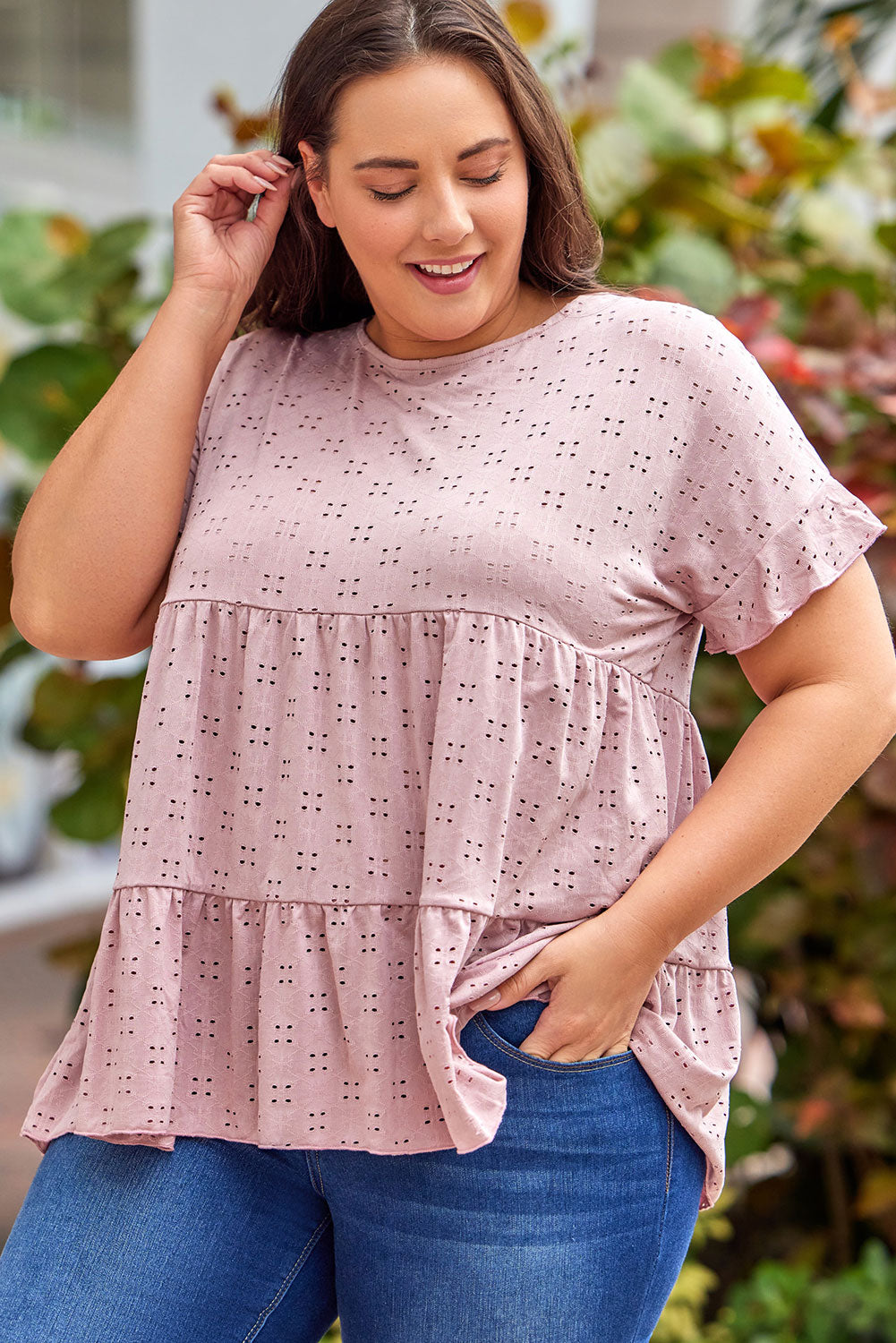 Plus Size Eyelet Round Neck Short Sleeve Blouse