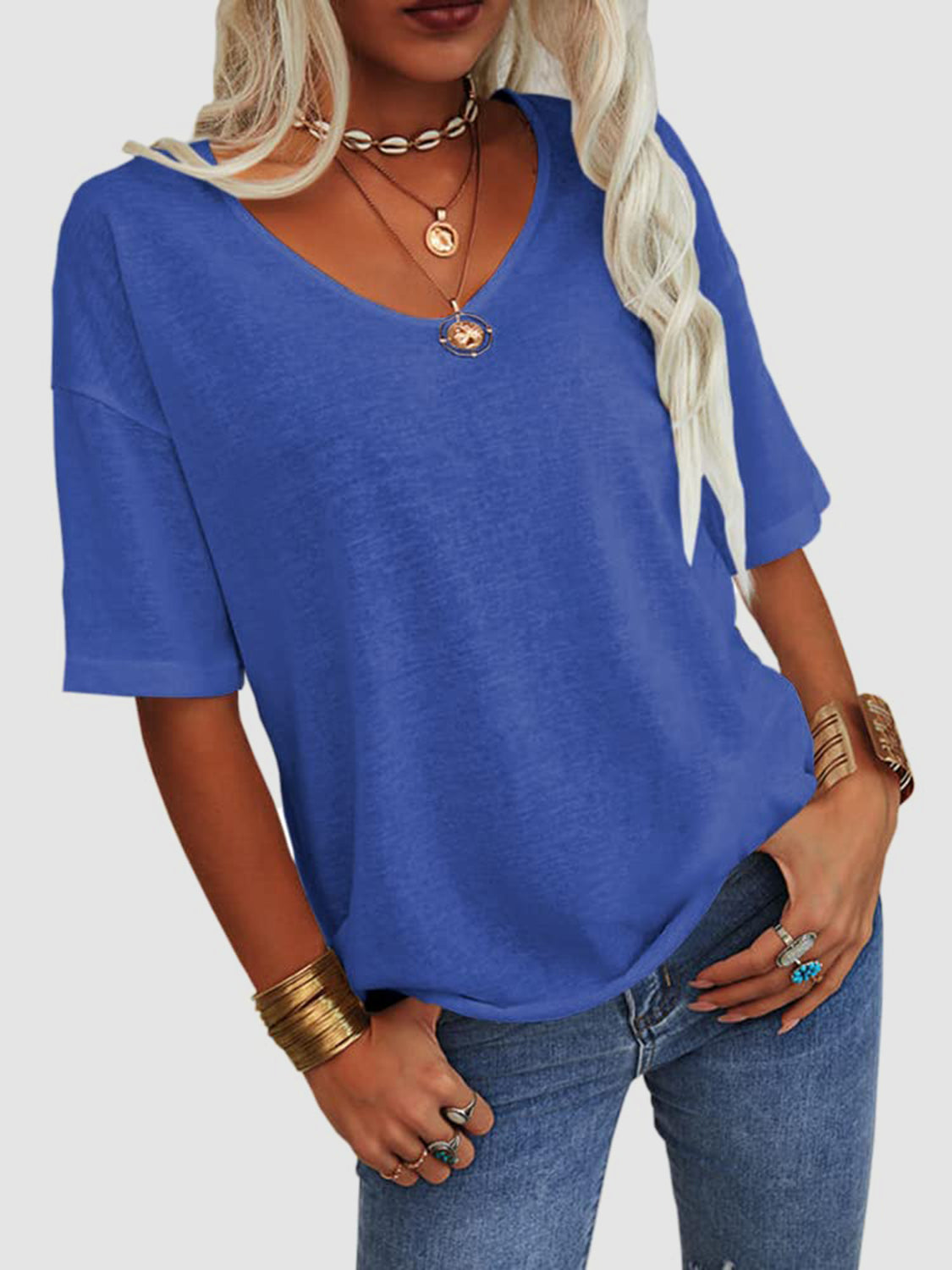 V-Neck Dropped Shoulder Half Sleeve T-Shirt