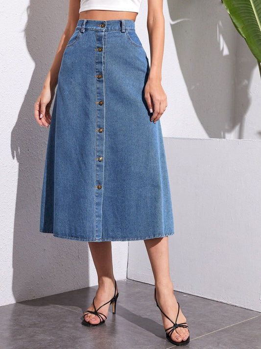 Buttoned Midi Denim Skirt with Pockets