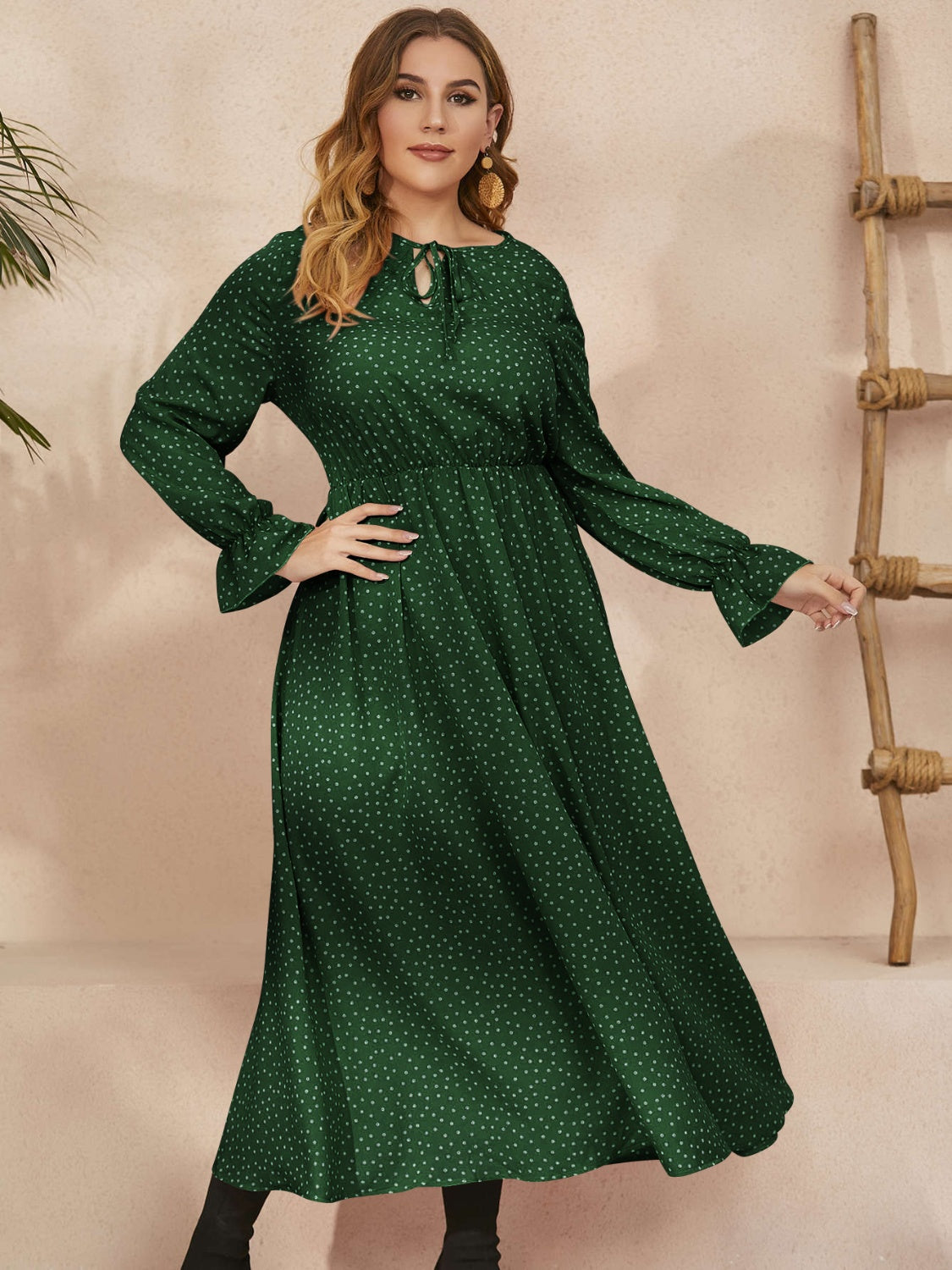 Honey Plus Size Ruffled Polka Dot Long Sleeve Midi Dress