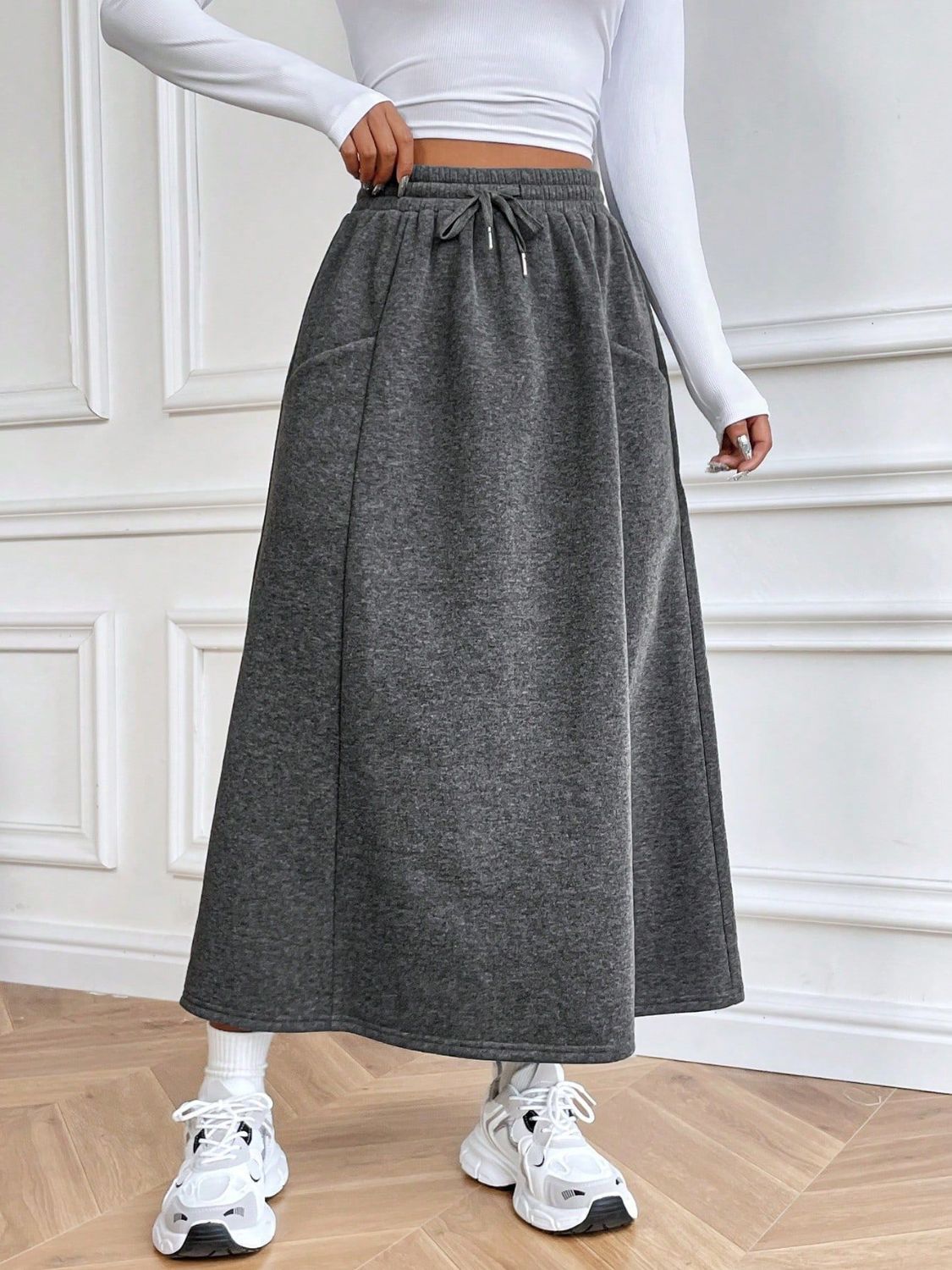 Drawstring Midi Skirt with Pockets