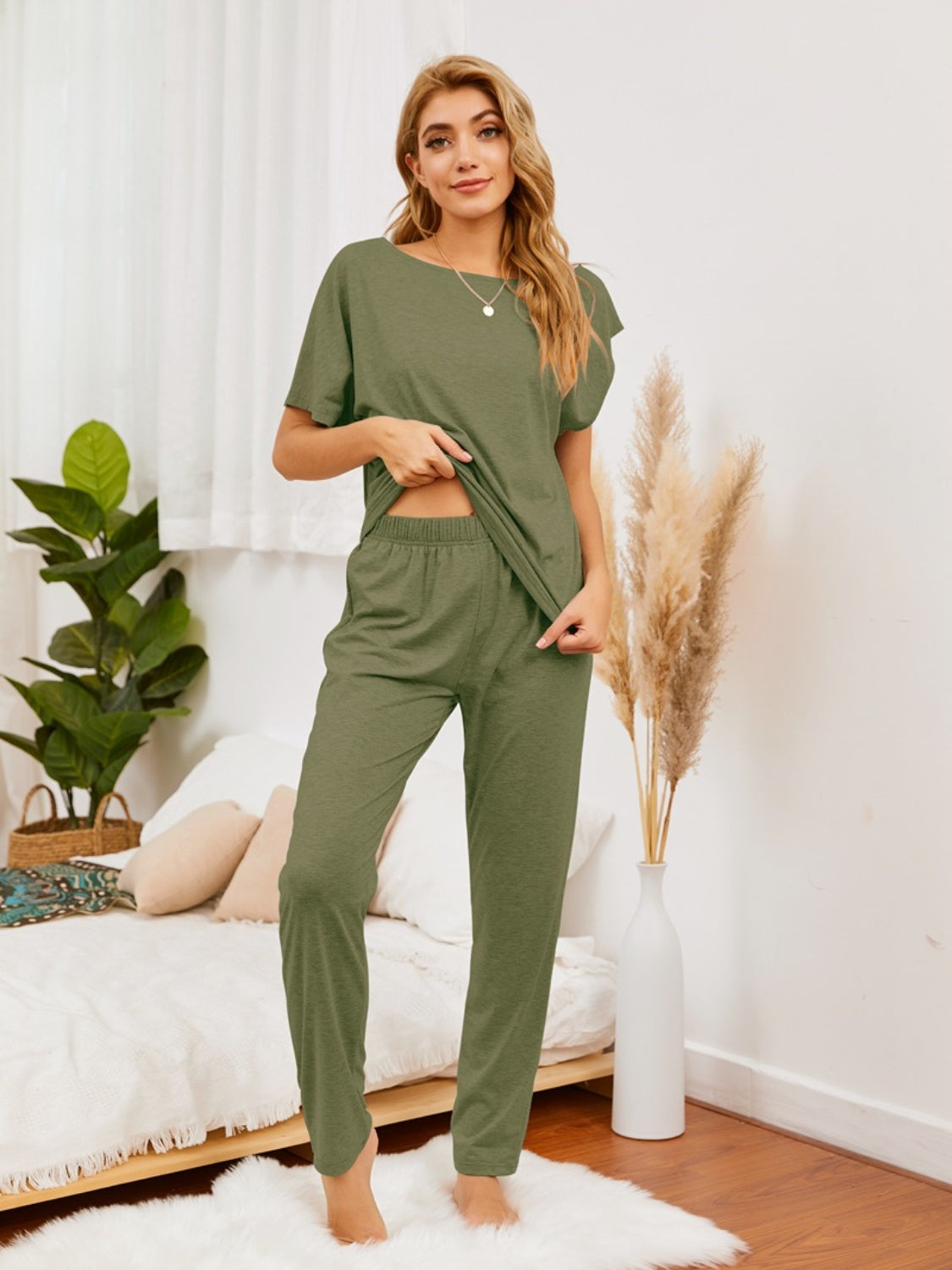 Boat Neck Top and Pants Lounge Set