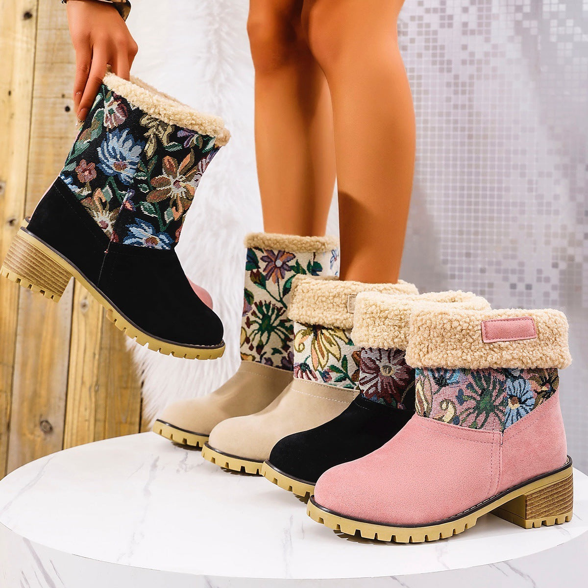 Flowers Thick Cotton Boots