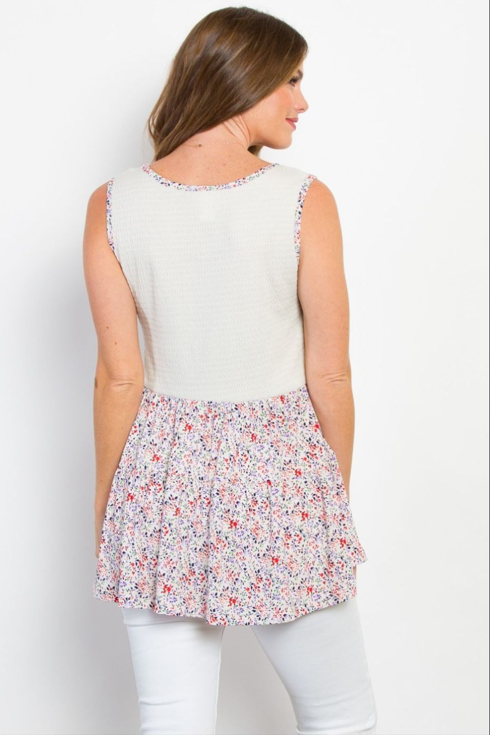 Full Size Smocked Printed Peplum Sleeveless Top