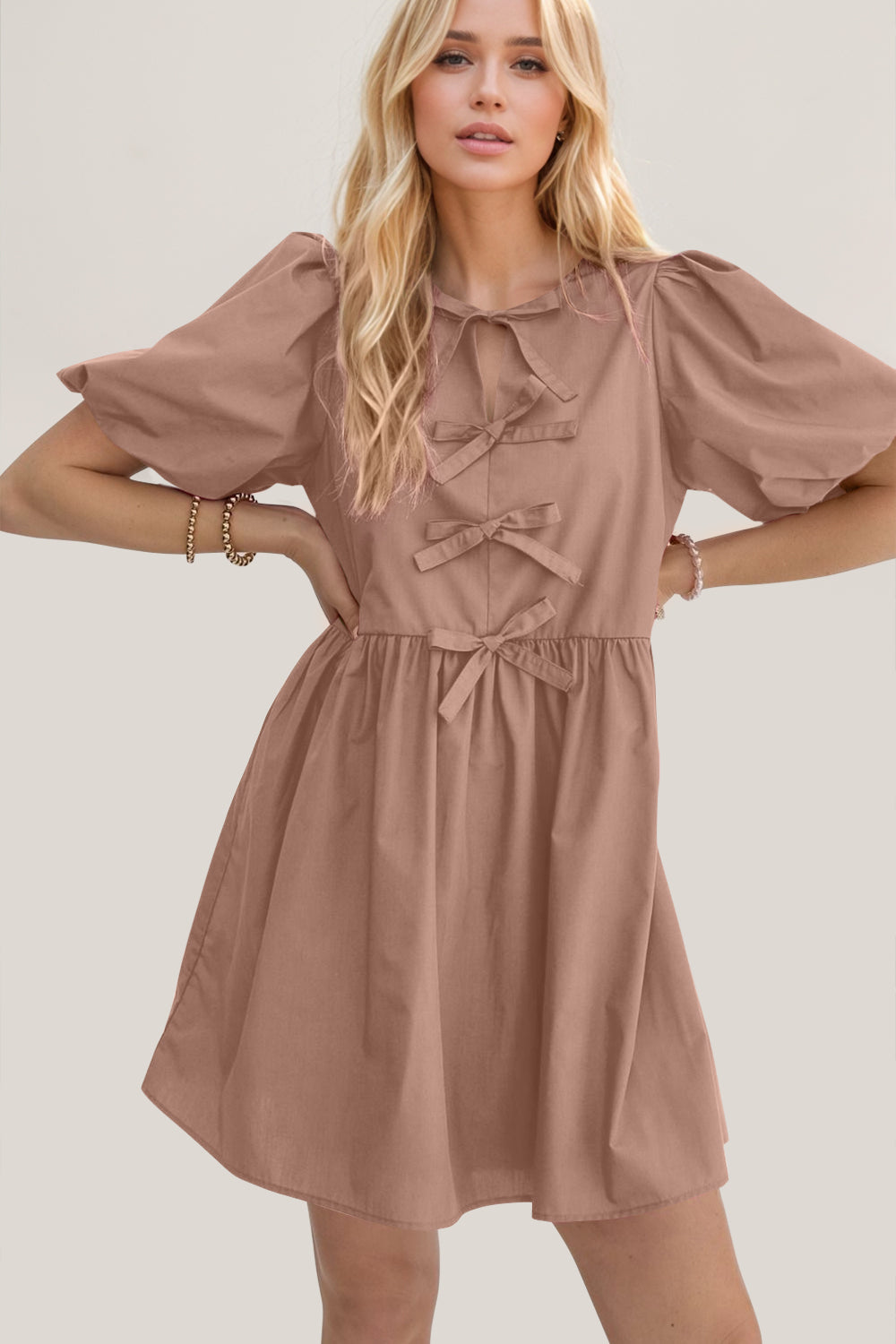 Oh Bow Ruched Puff Sleeve Mini Dress