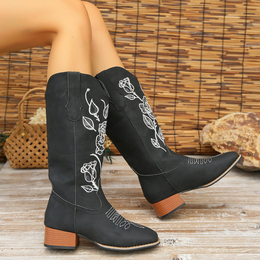 Flower Embroidered Mid Calf Western Boots