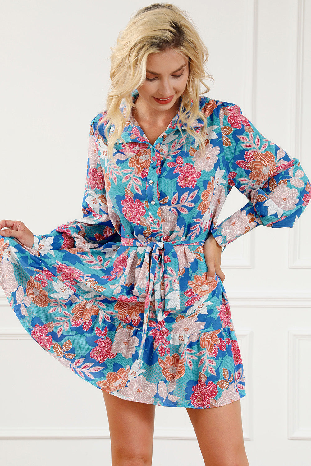 Floral Tie Waist Lantern Sleeve Mini Dress