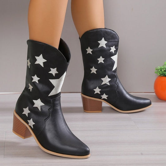 Embroidered Knight Chunky Western Boots